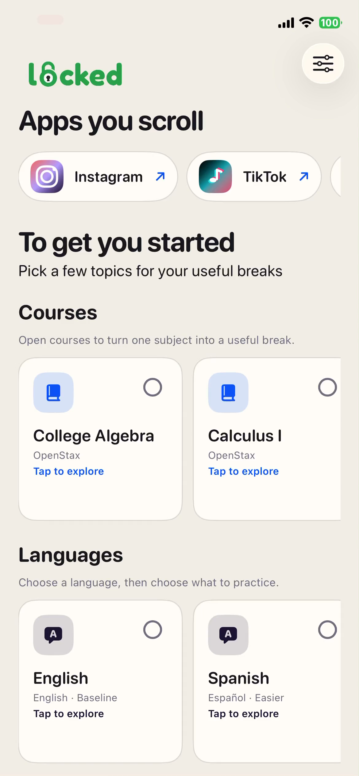 Native Locked dashboard showing courses and languages
